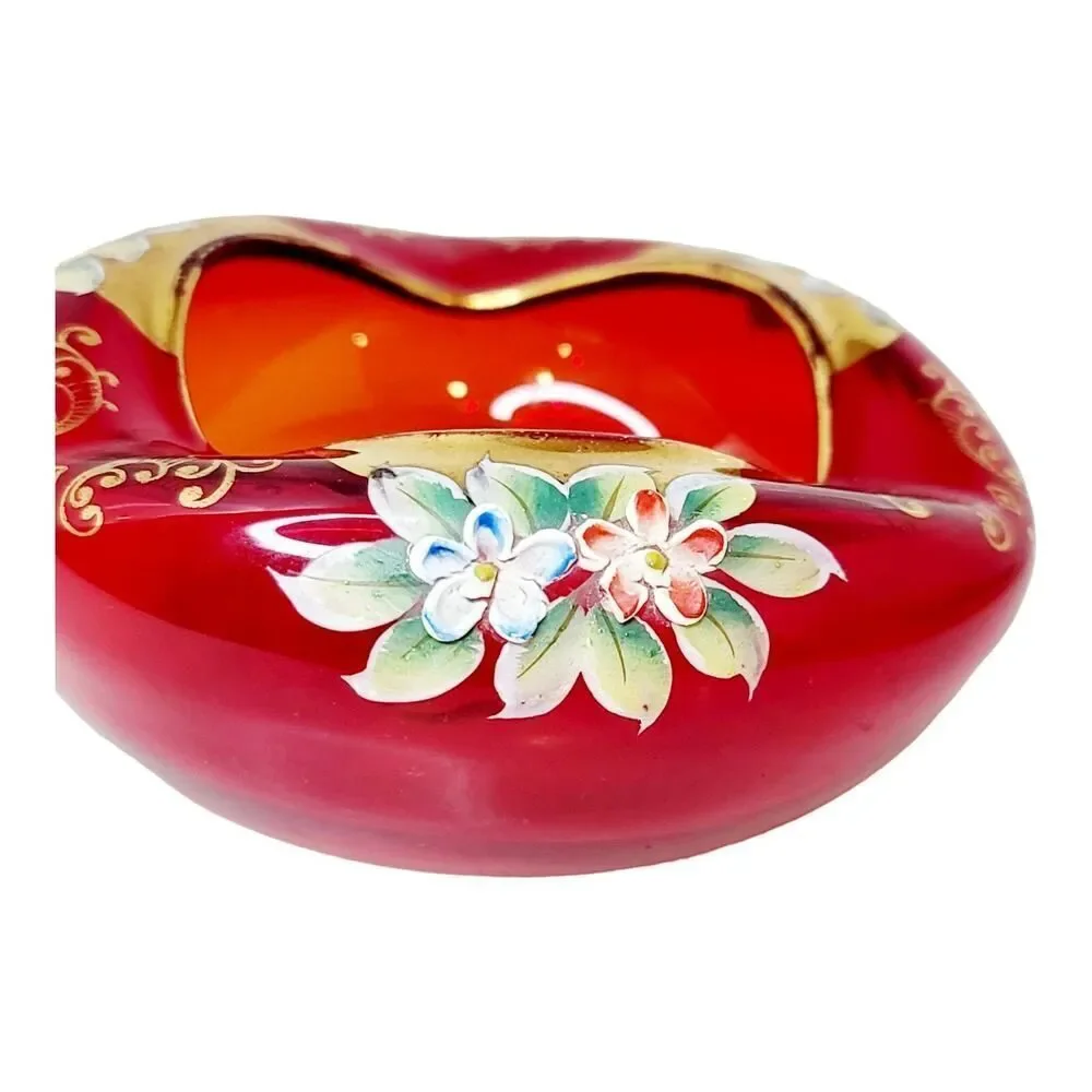 Vtg Hand Painted Bohemian Czech Ruby Red 22K‎ Gold Dish Ashtray Enamel Flowers